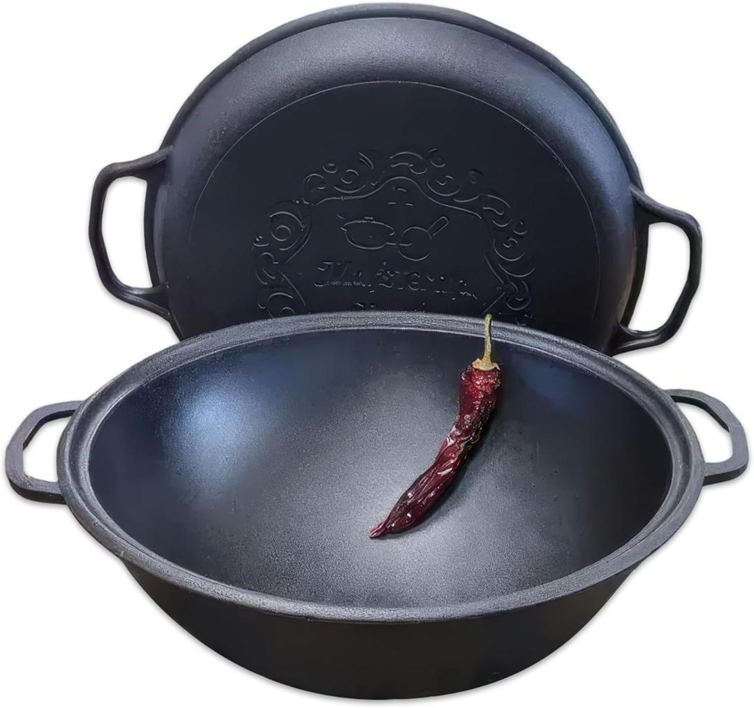 Dutch Oven Pot with Lid (12.5 Quarts (12 L) Frying Pan Lid)  Maysternya Cast Iron Cookware Set  Camping Dutch Oven - Uzbek Kazan  Premium Camping Cookware  2 in 1 Frying Pan + Cauldron