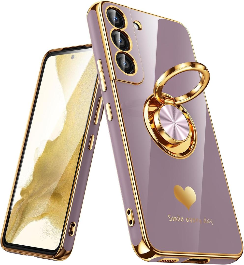 for Samsung Galaxy S22 5G Case, 360 Rotatable Ring Holder [Luxury Hearts Pattern] Plating Gold Edge Slim Soft Phone Cover Case for Galaxy S22 - Light Purple