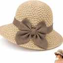 Versatile Woven Straw Sun Hat for Women,Women's Sun Hat,Wide Brim UV Protection Foldable Beach Hat with Bow, Summer Hats (Beige)