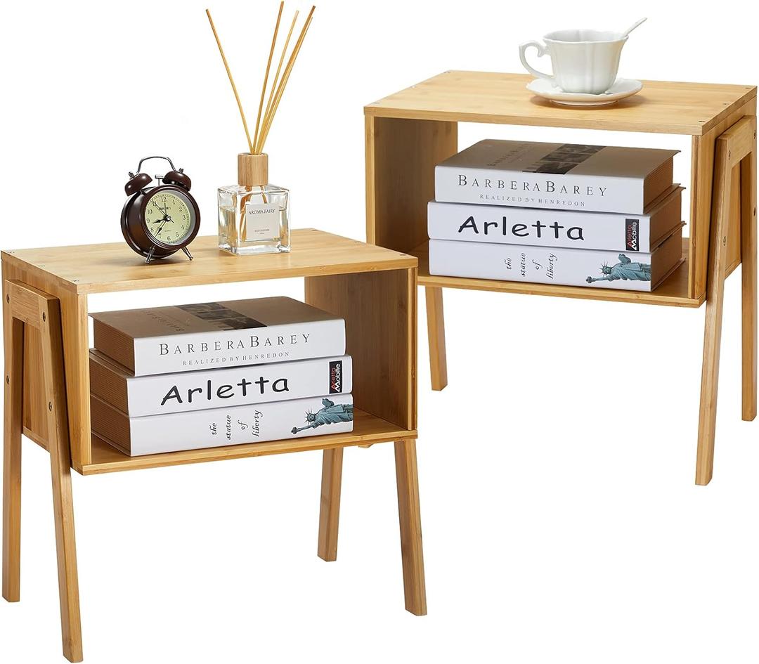 Pipishell Bamboo Stackable End Tables, Wood Living Room Nightstand, Bedside Tables for Bedroom Storage, Set of 2 (Natural)