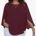 SCOMCHIC Blouses for Women Summer Chiffon 3/4 Sleeve Tunic Tops Dressy Scoop Neck Casual Loose Flowy Shirts, Burgundy, 2XL