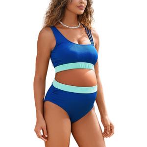Maternity Two Piece Swimsuit High Waisted Strappy Bikini Set Bathing Suit (Blue, L)