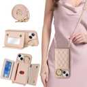 for iPhone 15 Case with Card Holder and Strap for Women,Crossbody Lanyard, Make Up Mirror,Ring Stand,Snap Clasp,Cute Phone Wallet Cases 6.1 inch - Rose Gold