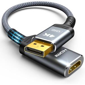 Highwings 4K Display Port to HDMI Adapter, Uni-Directional DP 1.2 Computer to HDMI 2.0 Screen, Display Port to HDMI Adapter (Male to Female), SR Anti-Break, No Latch, for Dell HP AMD NVIDIA, Passive (Grey)