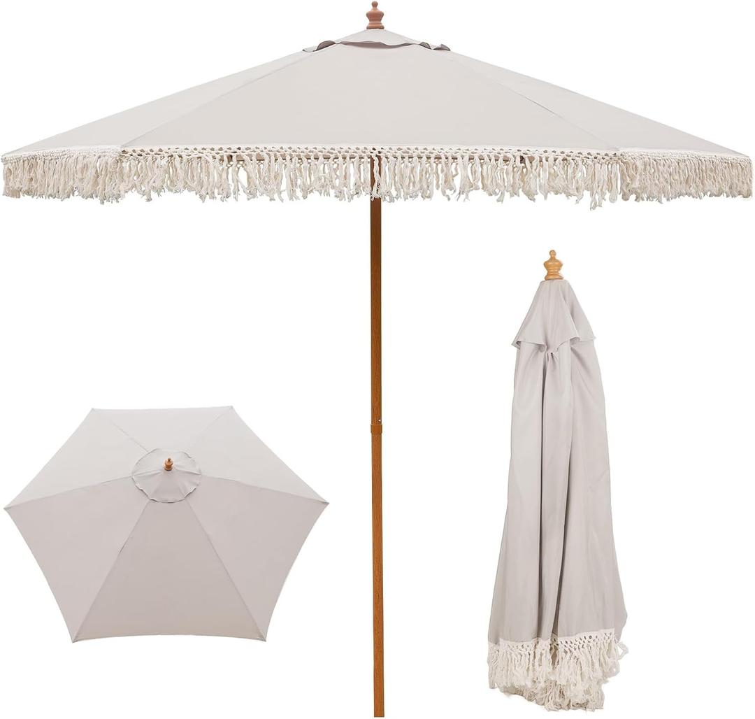 9 FT Patio Umbrella with Fringe,Fringe Portable Beach Umbrella,Heavy-Duty Metal Frame,6 Ribs with Ventilated Canopy,UV Protection & Waterproof, Suitable for Garden,Deck,Pool,Patio Table