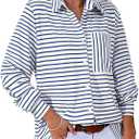 Astylish Women's 2025 Oversized Long Sleeve Shirts Button Up Striped Collared Front Pocket Top (Blue)