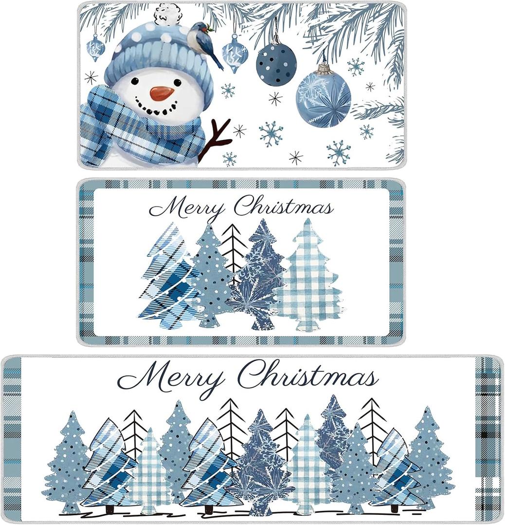 Dunzy 3 Pcs Winter Snowman Snowflake Christmas Kitchen Rugs and Mats Set Kitchen Floor Mats Seasonal Decor Anti Slip Xmas Tree Buffalo Plaid Cushion Case Bathroom Rug for Indoor Holiday Decoration