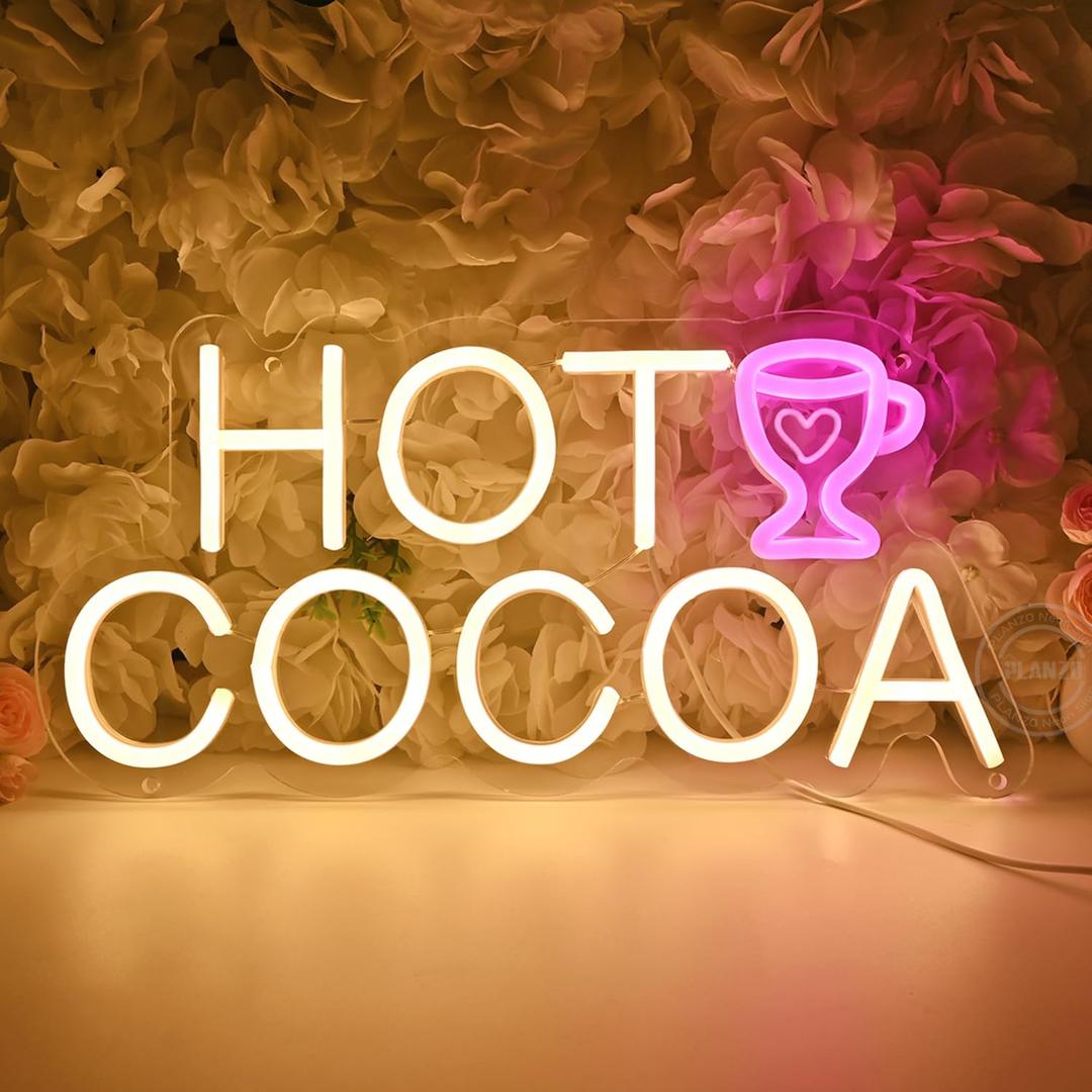 Planzo Led Neon Sign Light Hot Cup Cocoa Chocolate Bar Shop Business Wall Sign Decor Wintertime Office Birthday Party Banner Table Decor USB 14.96"x7.32"