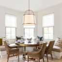 Rustic Modern Chandelier for Entryway, Dining Room Chandelier with Off-White Fabric Shade, Gold Pendant Light Fixture for Bedroom Kitchen Farmhouse