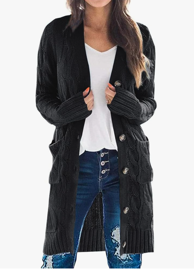 PRETTYGARDEN Long Sleeve Cable Knit Long Cardigan for Women 2025 Fall Winter Chunky Open Front Button Sweaters with Pockets. Size M, Black