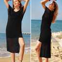 VOTEPRETTY Womens Two Piece Cover Ups Sets Crochet Beach Vacation Summer Swimwear Short Sleeve Outfits Split Knit Long Dress (Black)