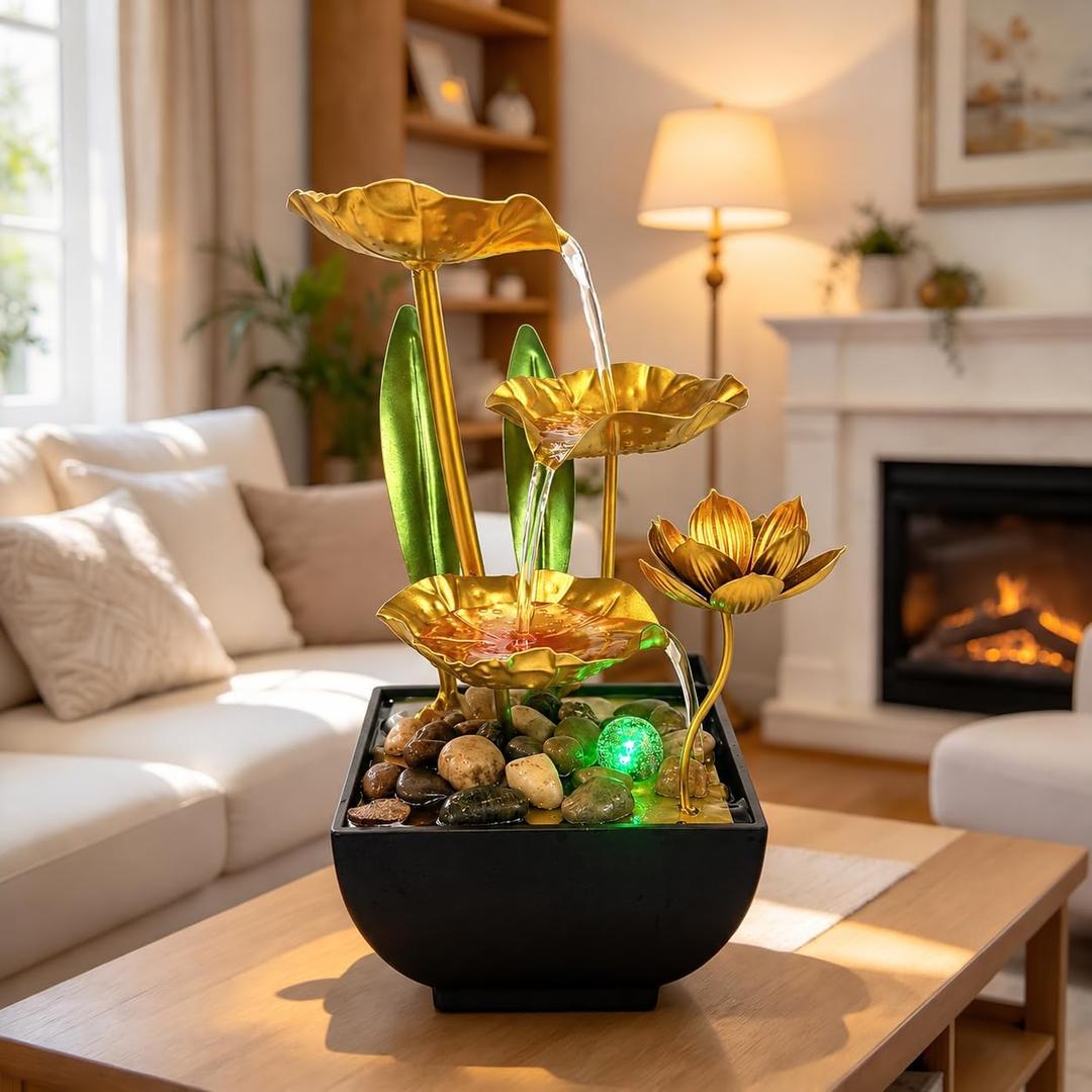 Gold Lotus Tabletop Fountain, Indoor Water Fountain with LED Light, Zen Desktop Waterfall with Pebbles and Circulating Pump for Home Office Bedroom Living Room Decor, 9.8” Tall, Gold