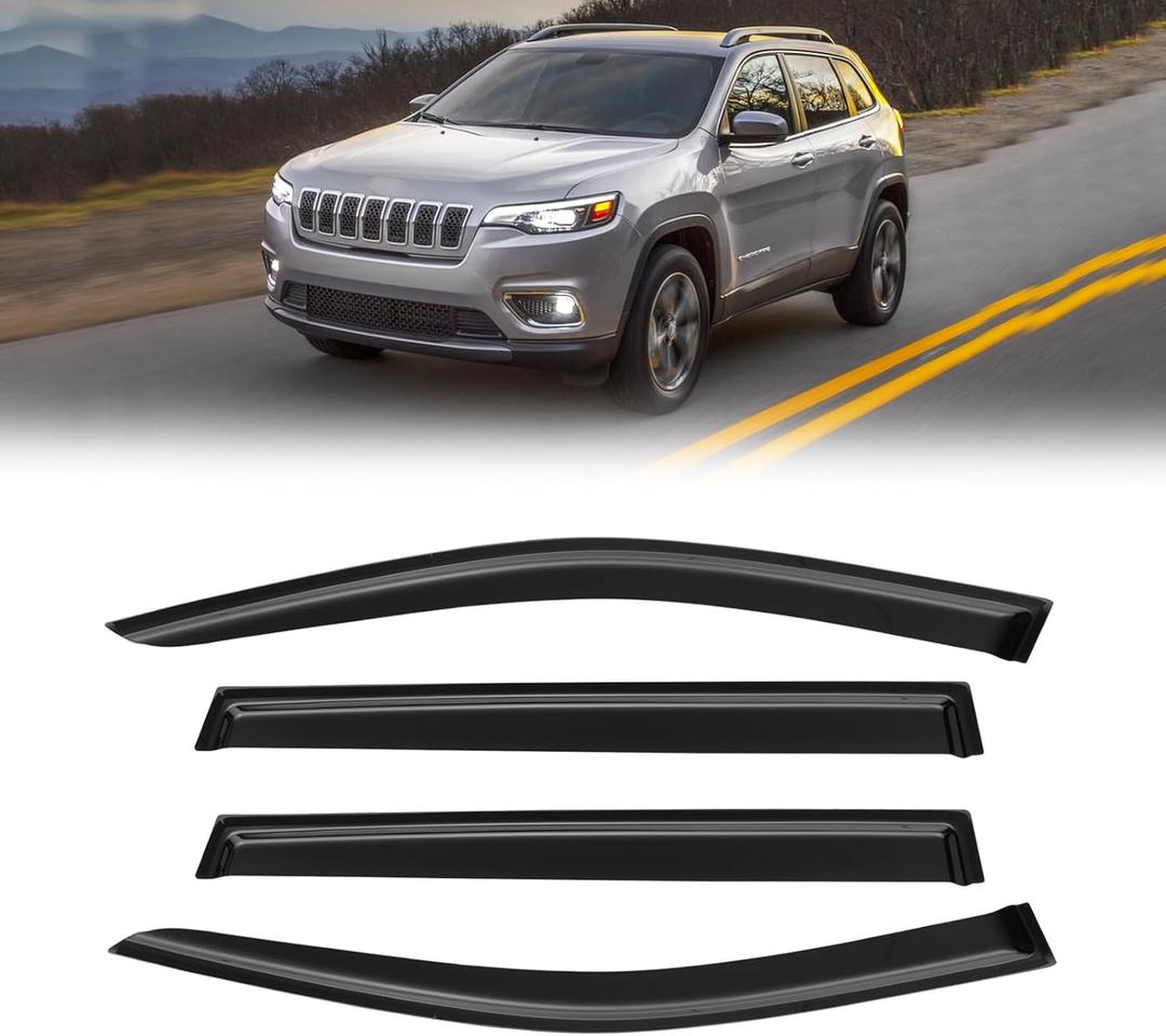 Rain Guards for 2014-2023 Jeep Cherokee, Out-Channel Window Visor Shields Vent Deflector Shade Wind Dark Smoke Jeep Cherokee KL Latitude Altitude Limited Trail hawk, Tape-On Outside-Mount, 4PCS