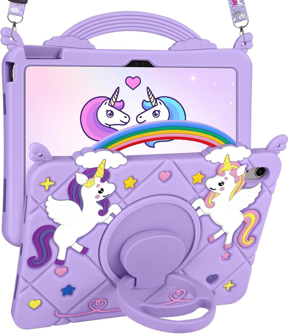 for iPad A16 Case - for iPad 10th Generation Cases Cute Girls Kawaii Cover Girly 3D Cartoon Teen with Rotating Stand & Strap Soft Silicone Tablet Cover for Apple A16 11 Inch/10 gen 10.9 Inch (Purple)