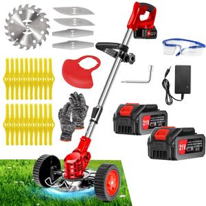 Cordless Weed Wacker, Electric Weed Eater, 21V 4.0Ah Weed Eater Battery Powered, 3 in 1 Weed Trimmer Grass Cutter Brush Cutter, 3 Types Blade, for Lawn, Garden, Yard, Red