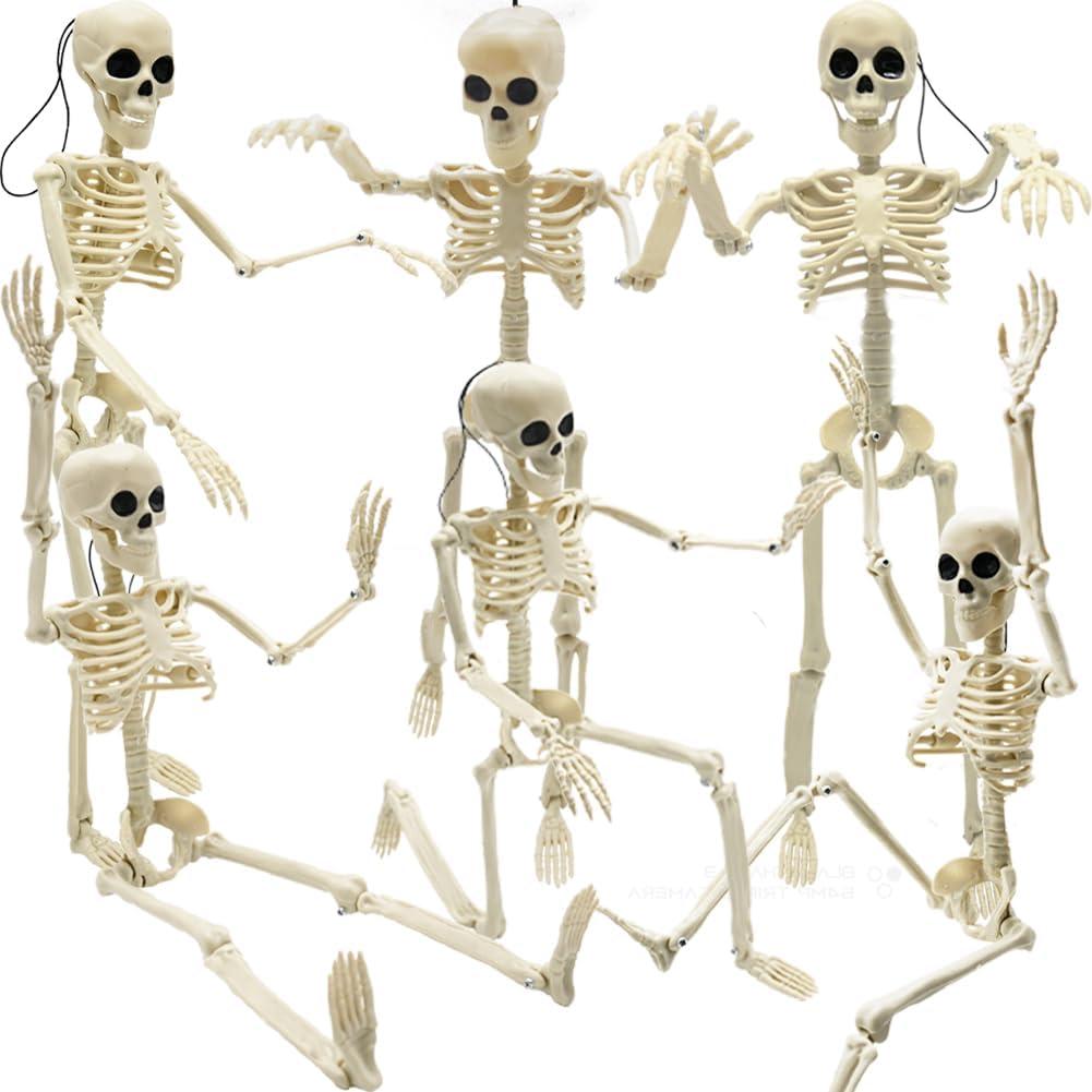 CAMIRUS 6PCS Skeleton Halloween Decorations, 16 in Full Body Poseable Small Skeleton Plastic Bones with Movable Posable Joints for Halloween Indoor Outdoor Party, Graveyard, Haunted House Accessories