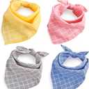 4PCS Spring Dog Bandanas Cat Birthday Cute Soft Cotton Puppy Scarfs Washable Daily Handkerchief Pink Yellow Blue Grey Comfortable Gifts, Adjustable Accessories for Small Medium Large Girl Boy Pup Pet (Plaid)