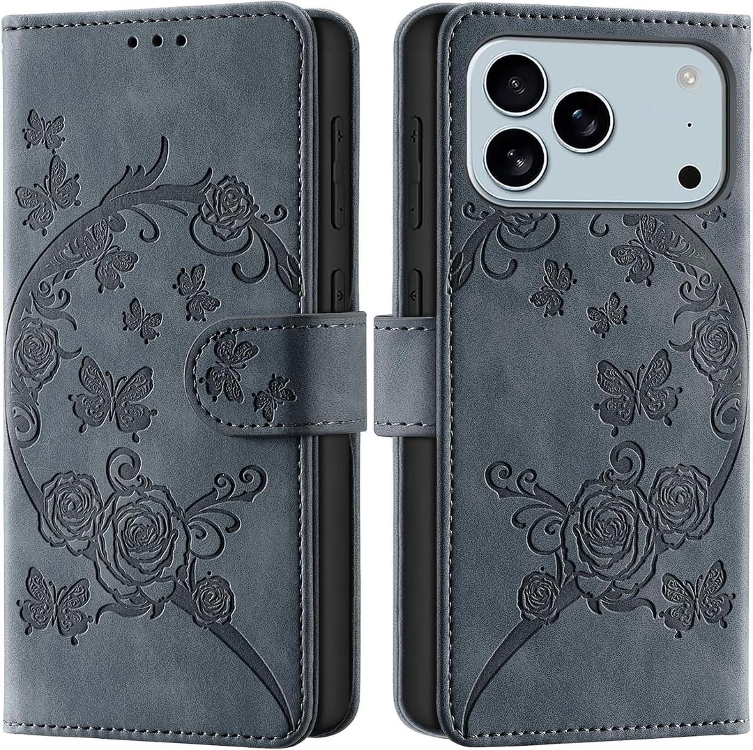 Wallet Case for iPhone 17 Pro Max, Gray Purple | RFID Blocking, Magnetic Closure, Card Holder, Kickstand, Shockproof Flip Cover