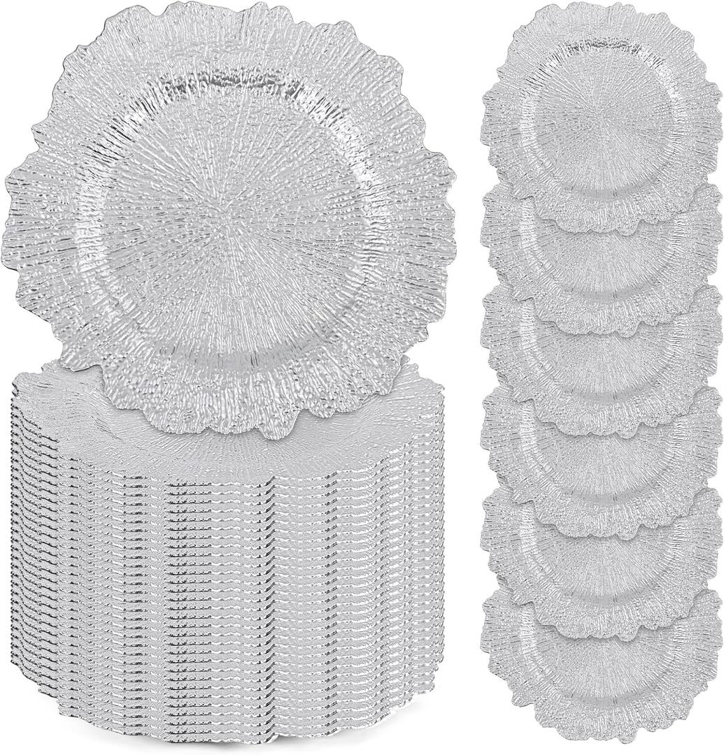50 Pcs Silver Charger Plates Bulk, 13" Reef Plate Chargers for Dinner Plates, Plastic Floral Decorative Plates for Table Setting, Round Table Chargers for Wedding, Christmas, Party, Event, Decoration