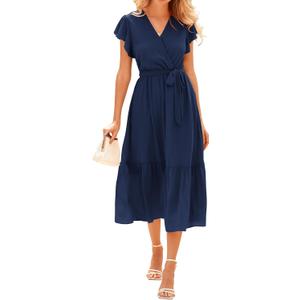 BTFBM Women Summer Bohemian Floral Casual Wrap V Neck Ruffle Cap Sleeveless Belt A-Line Pleated Hem Midi Sun Dress White(Solid Navy,Small)