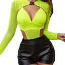 Avidlove Rave Outfits for Women Festival Sexy Lingerie Bodysuit Buckle Shrug Crop Top Set (Medium, Neon Yellow)