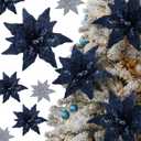 8 Pcs Velvet Christmas Glitter Poinsettia Flowers 12'' Large Heads Artificial Poinsettia Flower Ornaments Picks Christmas Tree Decoration Fake for Xmas Ornament Wedding Holiday(Dark Blue)