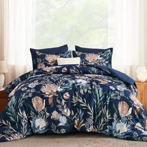Luxudecor King Comforter Set 7 Pieces Bedding Sets, Navy Blue Floral Comforter and Sheet Set, Soft Microfiber Bed in a Bag for All Seasons (Navy Blue,104"x90")