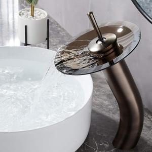 Waterfall Bathroom Faucet Glass Single Handle Solid Brass Basin Lavatory Vessel Sink Vanity Faucet, Tall, Oil Rubbed Bronze