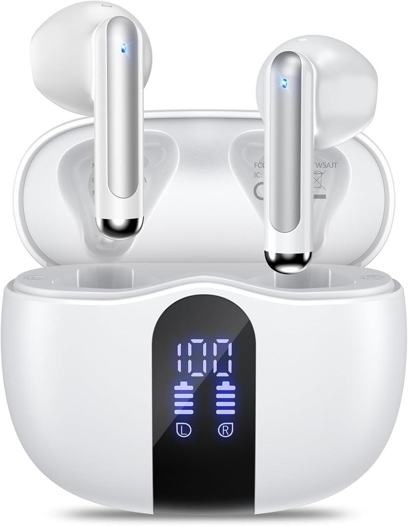 Wireless Earbuds, 2025 Bluetooth 5.4 Bass Stereo Headphones with 4 ENC Mic, 50H Playback Ear Buds with Charging Case LED Display, Sport Earphones IPX7 Waterproof for Phone, Android, Pad, White