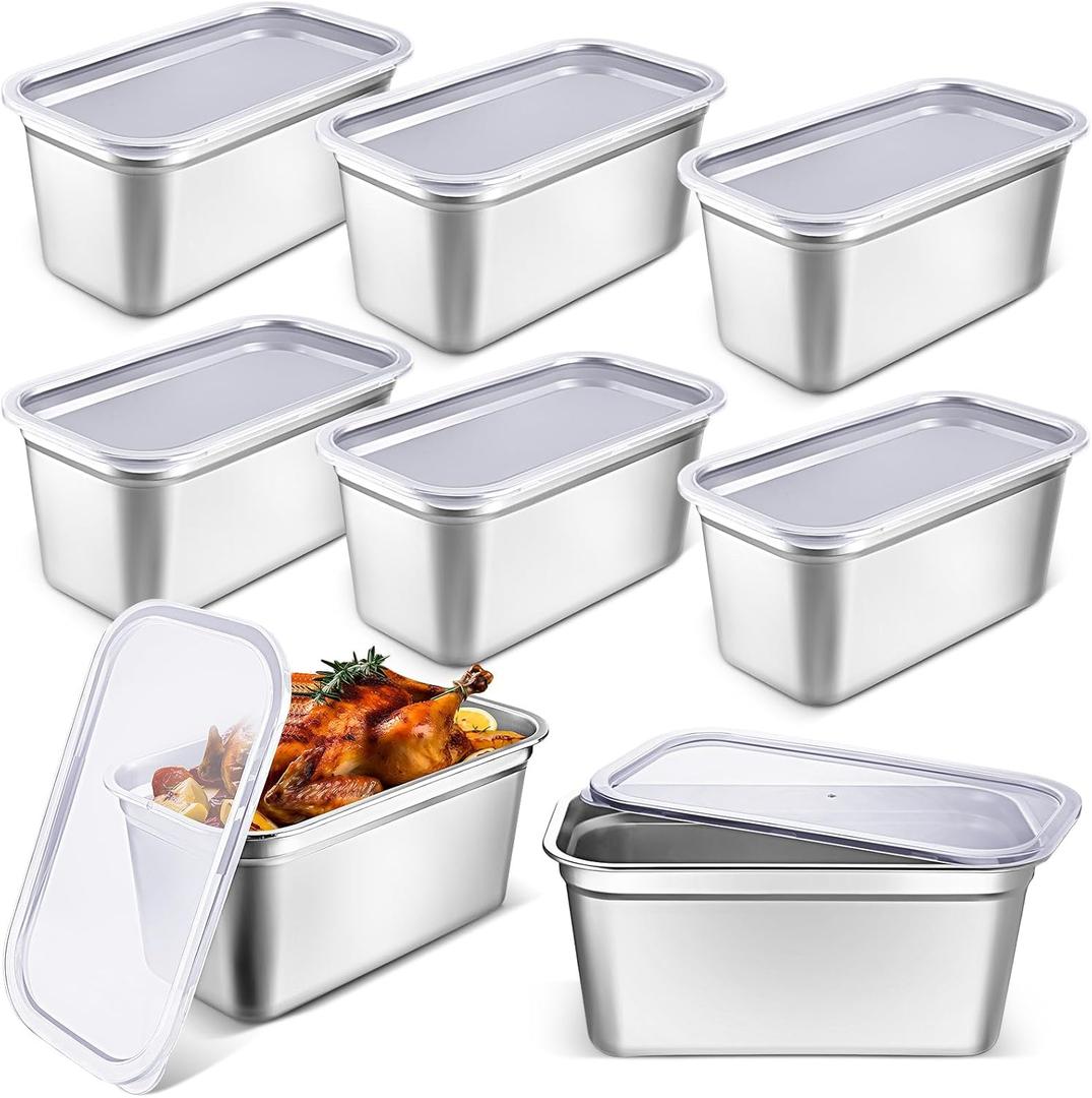 8 Pcs Stainless Steel Food Storage Containers with Lids 1/3 Size Hotel Pans Chicken Food Grade Pans Metal Meal Food Containers for Restaurant Stackable Kitchen Freezer Buffet, (6 Inch Deep)