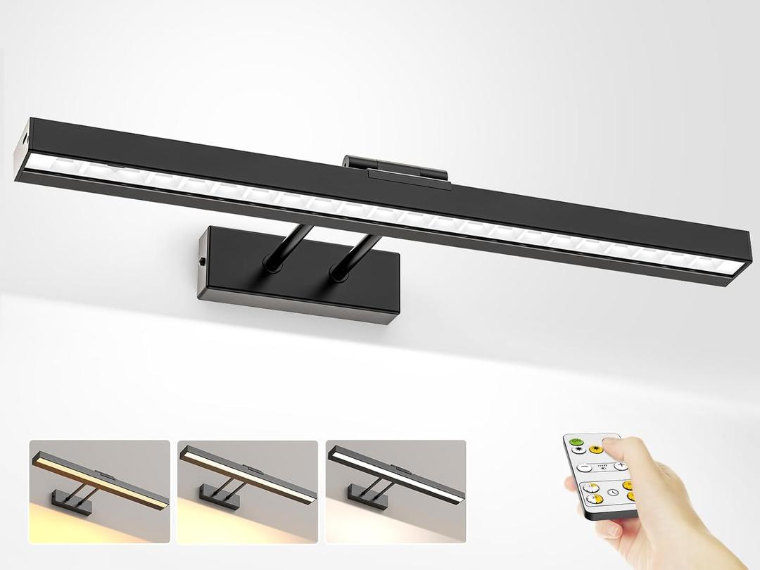 PESUTEN Picture Light Battery Operated, 16in Wireless Art Light for Paintings CCT Dimmable Recharging Battery Picture Light with Remote Control for Gallery Dartboard Art Bedroom Bathroom (Black)