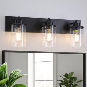 Matte Black Vanity Lights for Bathroom, 3 Light Bathroom Light Fixtures Over Mirror with Striped Glass Shade, Modern Vanity Lighting Wall Mount
