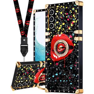 Loheckle for Samsung Galaxy S24 Plus Case for Women Girls Teens Designer Cute Cases with Ring Stand Holder and Lanyard Stylish Aesthetics Red Lips Luxury Cover for S24 Plus