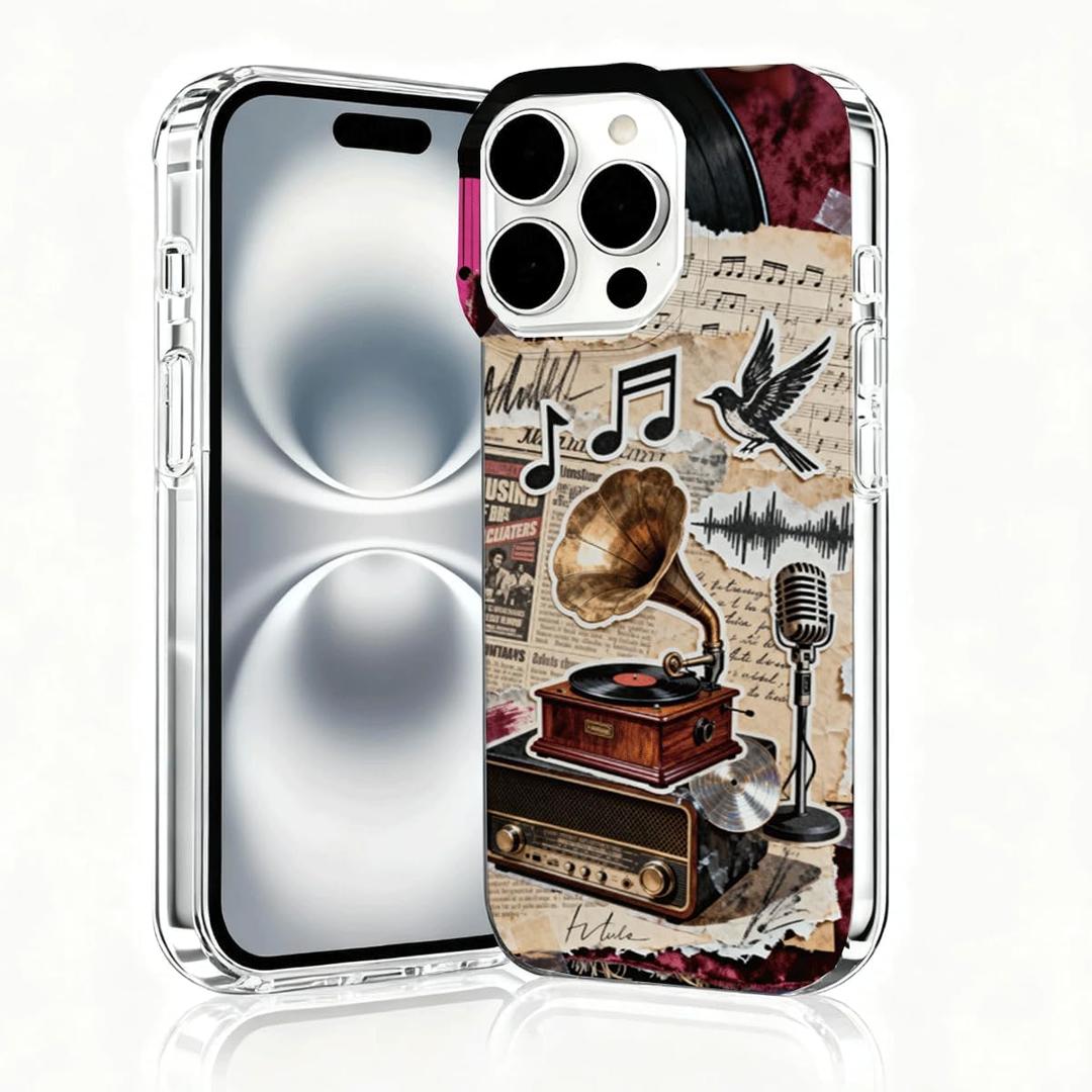 for iPhone 16 Pro Max Case, Collage Cases for iPhone 16 Pro Max, Scratch Resistant Shockproof Cover, Aesthetic Clear Phone Cover, Vintage Cases, Old Gramophone and Vinyl Records Collage DesignB120