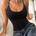 REORIA Women's Sexy Scoop Neck Backless Bodysuits Open T-Back Cami Sleeveless Bodysuit Tank Top Trendy (Black, M)