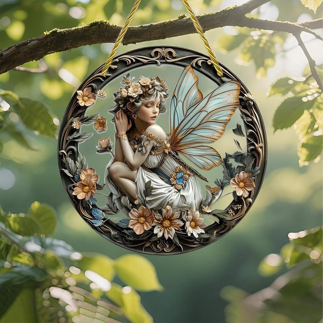Colorful Acrylic Suncatcher, Fairy Among Flowers in 7-inch Hanging Window Wall Art Decor with Printed Stained Glass Style Design, Gift Idea & Garden Ornament Indoor Outdoor Use