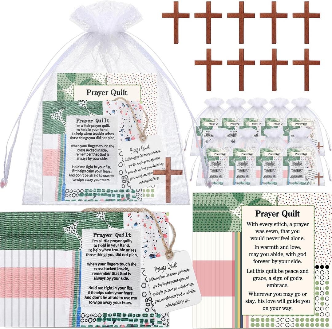 Soulchen 9 Sets Mini Prayer Quilt with Cross Inside, Christian Religious Gifts for Women, Vintage Pocket Scripture Quilt Squares Sympathy Gifts for Clergy Pastor Cancer Patient