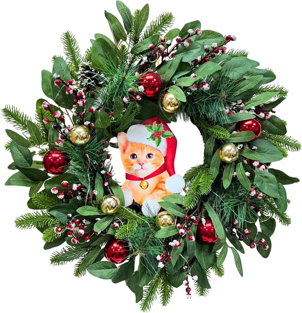 22 Inch Lighted Christmas Wreath Cat Sign Wreath with Timer Glitter Ball Ornaments Pine Needles Red Berries and Eucalyptus Leaves Christmas Dcor Holiday Hanging Decor for Door Wall Mantel