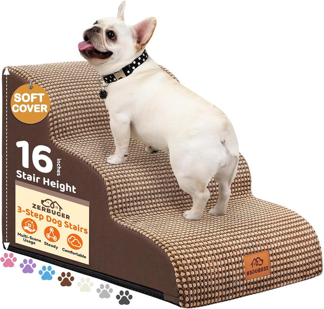 Zerbuger Dog Ramp and Stair for Bed 16" H-20 H,3-Step Cat Stair for Sofa and Chair,4-Step Dog Ramp for High Bed and Window,Durable Nonslip Fabric Cover for Indoor (Coffee-16 H, Pet Friendly, 3)