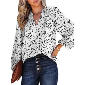 Dokotoo Women's Casual V Neck Alicia Floral Print Smocked Long Sleeve Chiffon Tops Bohemian Top Clothes (White, XXL)