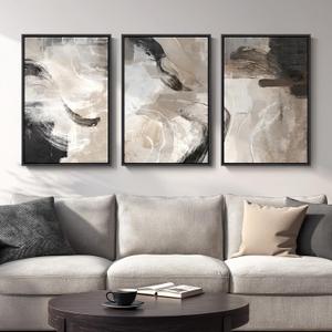 Large Framed Neutral Abstract Wall Art, 3 Piece Modern Minimalist Canvas Prints Paintings Artwork for Walls, Black Beige Brown Neutral Tone Pictures for Living Room Hallway Dining Wall Decor 20x30 In, 20" W X 30" H X 3pcs