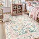 Lahome Sylvie Pink Bedroom Rug for Girls Room Decor, 5x7 Washable Cute Playroom Nursery Rug, Soft Floral Low Pile Carpet for Kids Living Dining Room Indoor, Pink/Multi