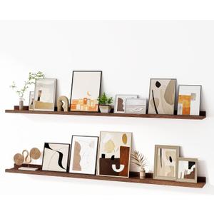 Fun Memories Picture Ledge Shelf, 60 Inch Floating Shelves Set of 2, Large Nursery Book Shelves for Toys Storage, Kids Bookshelf Wall Mounted for Wall Decor Books Photo Frames, Walnut