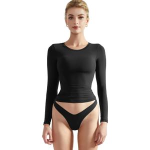 SUUKSESS Women Double Lined Fitted Basic T Shirts Crew Neck Long Sleeve Crop Top (Small, Jet Black)