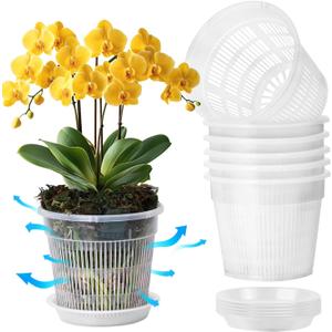 T4U Orchid Pot, 6 Pack 5.5 Inch Clear Orchid Pots with Holes and Saucers for Repotting, Plastic Flower Plant Pot with Drainage for Indoor Outdoor Plants, Slotted Orchids Planter for Root Health