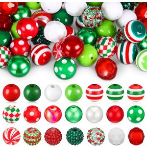 Poen 100 Pcs 20 mm Christmas Rhinestone Bubblegum Beads for Pens Bulk Crystal Resin Acrylic Plastic Spacer Chunky Beads for Christmas DIY Craft Keychain Necklace Bracelet Jewelry Making Holiday Decor (Fresh Color)