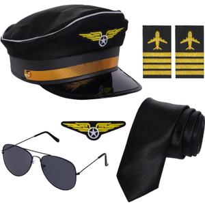 Airline Pilot Costume for Men Pilot Hat Epaulettes Sunglasses and Wing Patche Halloween Party Cosplay Supplies