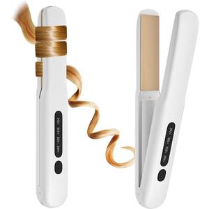 Cordless Hair Straightener and Curler, 2 in 1 Portable Mini Flat Iron & Curling Iron, Fast Heating & Titanium Plate Straightener with 4 Adjustable Temp,Travel Size Preferred Gifts (White)