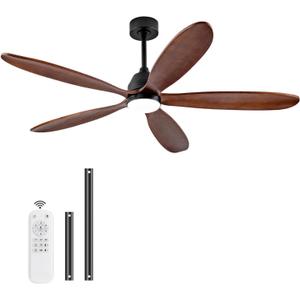 60 Inch Wood Ceiling Fans with Lights and Remote, Modern Outdoor Ceiling Fan with Light for Patio, Dimmable, 5 Blades, Reversible DC Motor, Memory Function