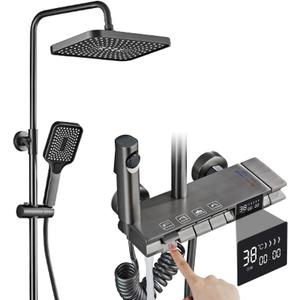 Shower System with Digital Temperature Display, Shower Faucet Set with 11 Inch Rain Shower Head and Handheld Shower Head Fixtures, Wall Mounted Rainfall Shower Fixtures with Piano Keys (11 Inch Gray)